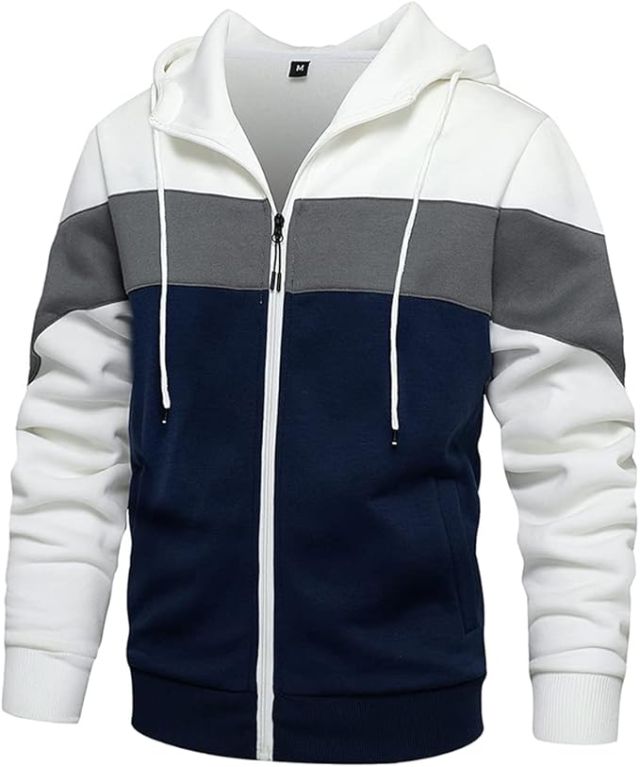 Men's Winter Hoodies Zip Front Sweatshirt Color Blocking Hooded