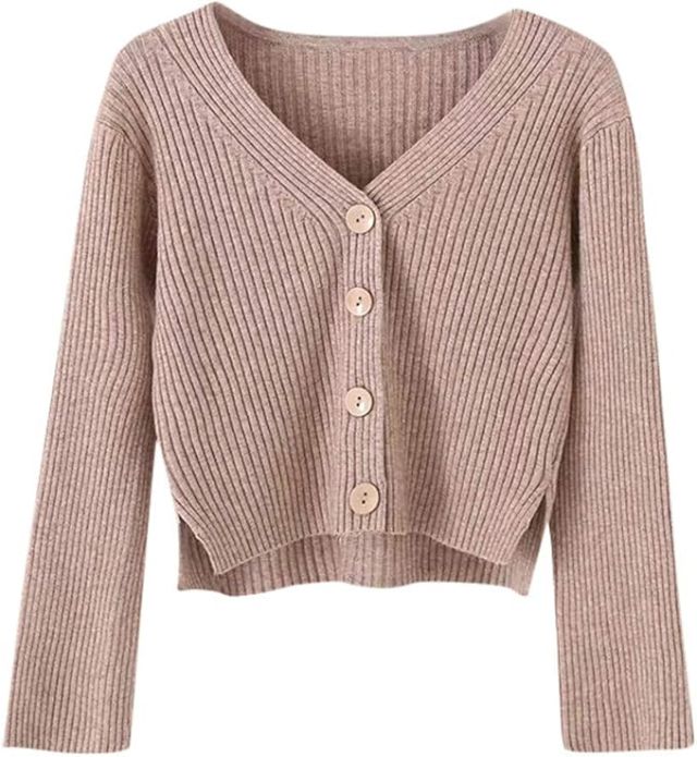 Women's Button Down V Neck Long Sleeve Cropped Soft Sweater Knit Cardigan Coat